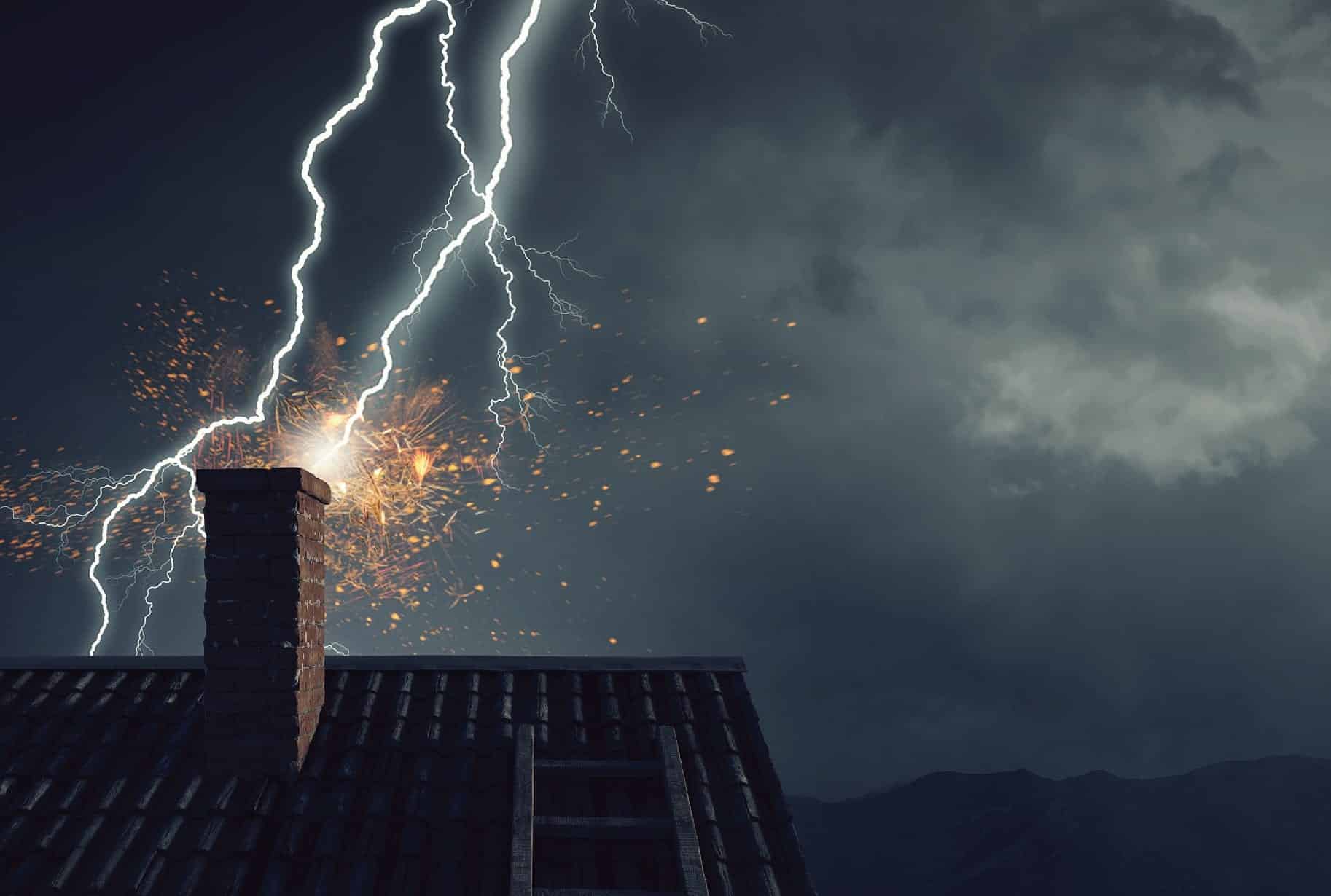 Lightning striking a home without residential lightning protection.